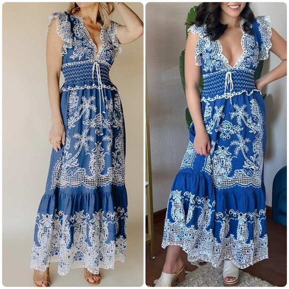 Farm Rio Blue Romantic Richelieu Maxi Dress - Picture 6 of 15